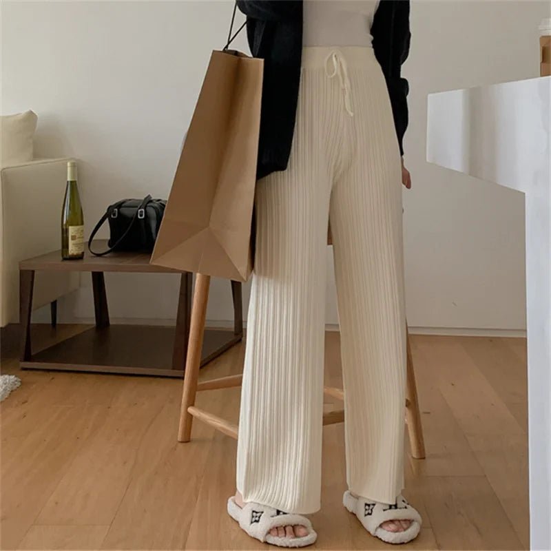 Drawstring Ribbed Knitted Wide Leg Sweatpants
