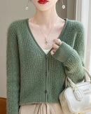 Wool V-Neck Curled Twisted Hollow-Out Open Cardigan