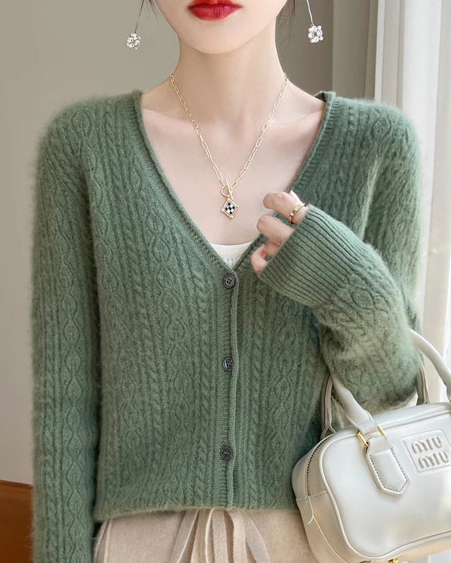 Wool V-Neck Curled Twisted Hollow-Out Open Cardigan