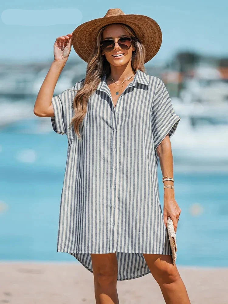 Oversized Striped Short Dolman Sleeve Shirt Dress