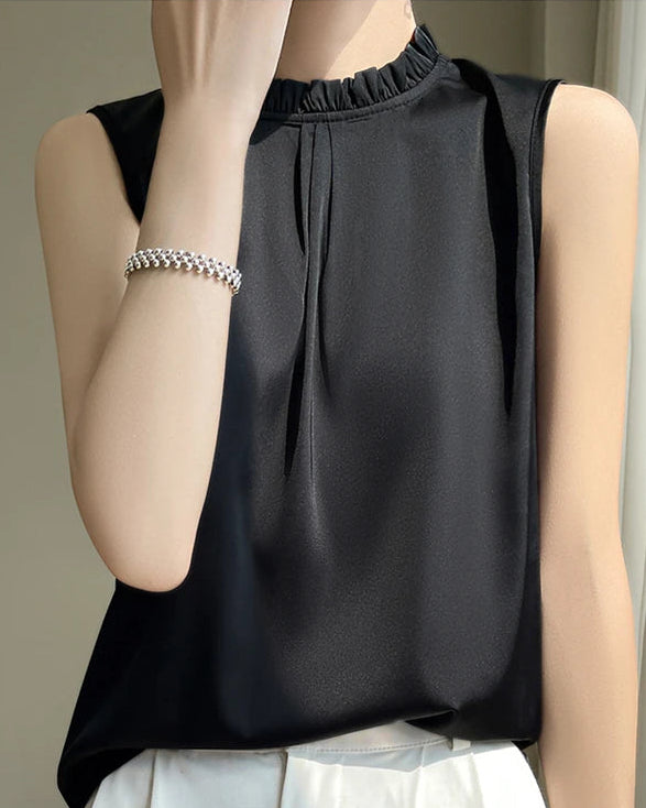 Loose And Casual Satin Vest T-Shirt With Ruffled Collar