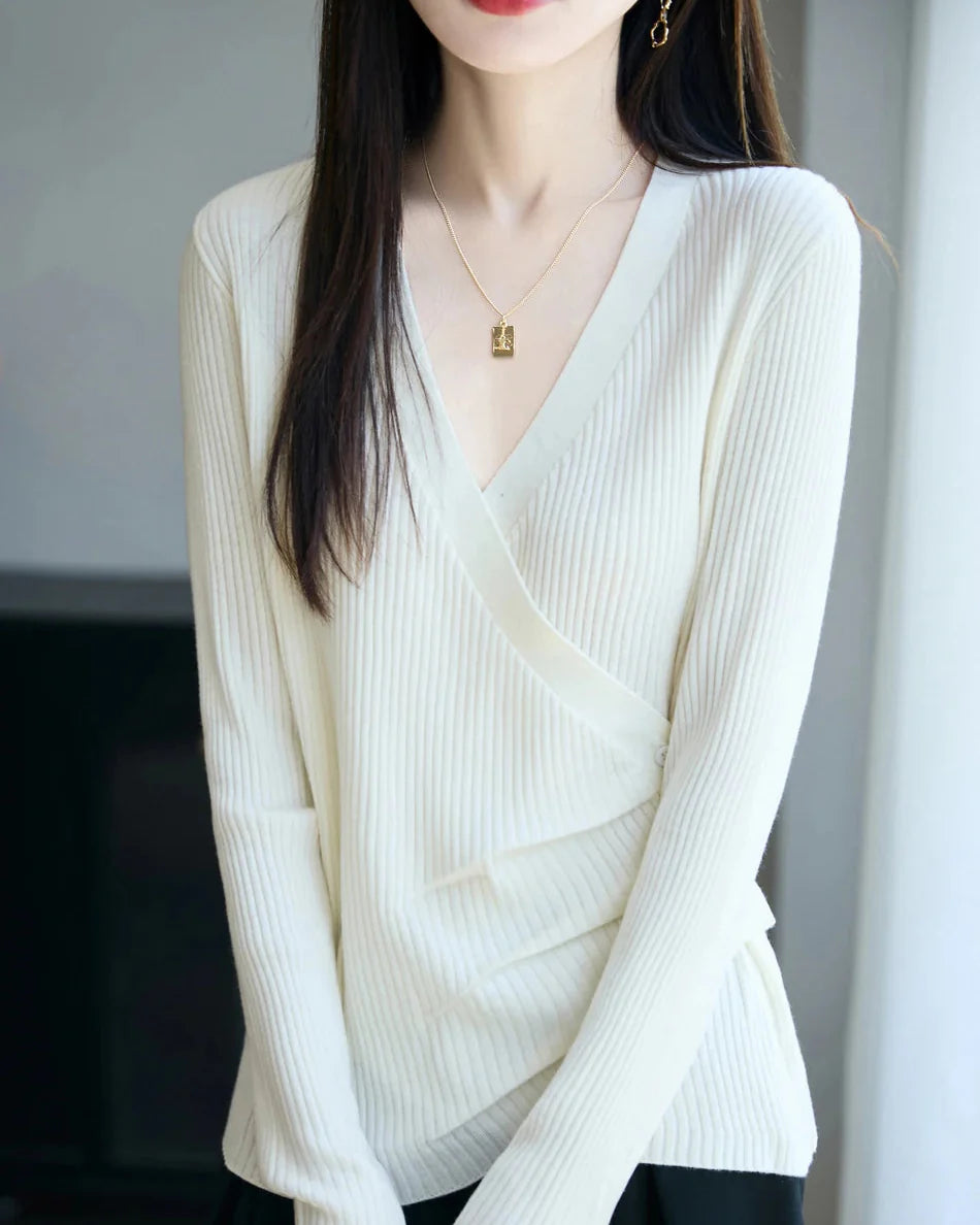Designers' V-neck Wool Sweater with Asymmetrical Buttons