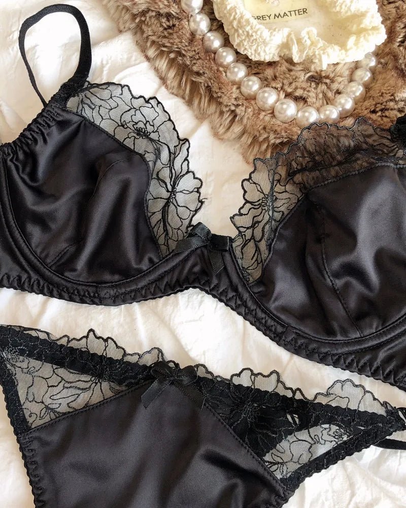 Ultra-Thin Sexy Satin Lace Patchwork Bra Set