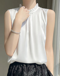 Loose And Casual Satin Vest T-Shirt With Ruffled Collar