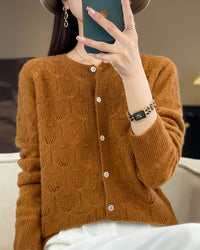 Merino Wool Round Neck Hollow Leaf Knit Cardigan Sweater