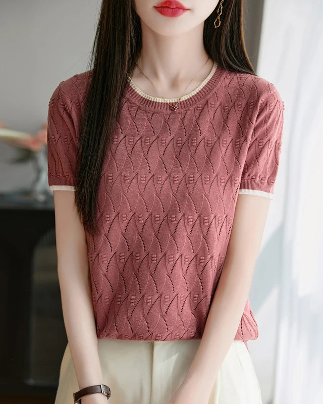 Cotton Jacquard Colorblock Knit Tee