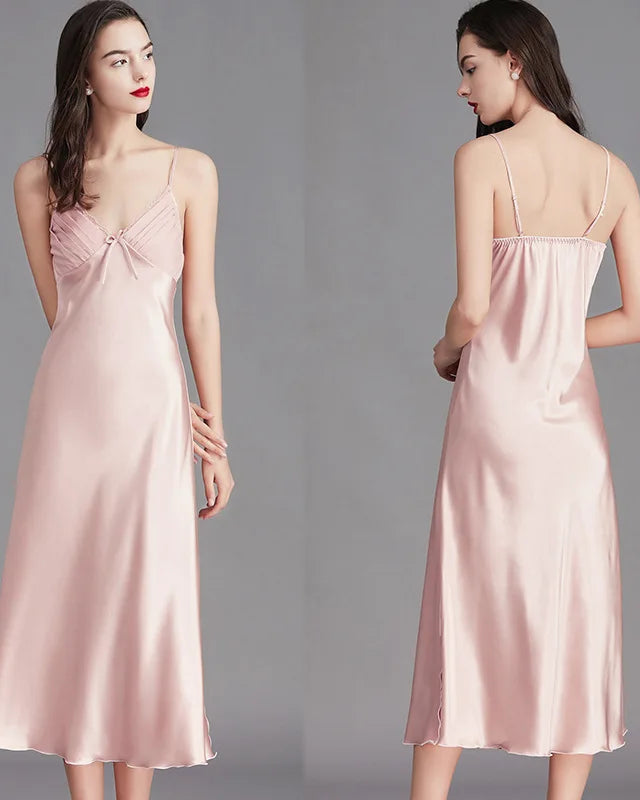 Lace-Trim Satin Mid-Length Slip Nightgown