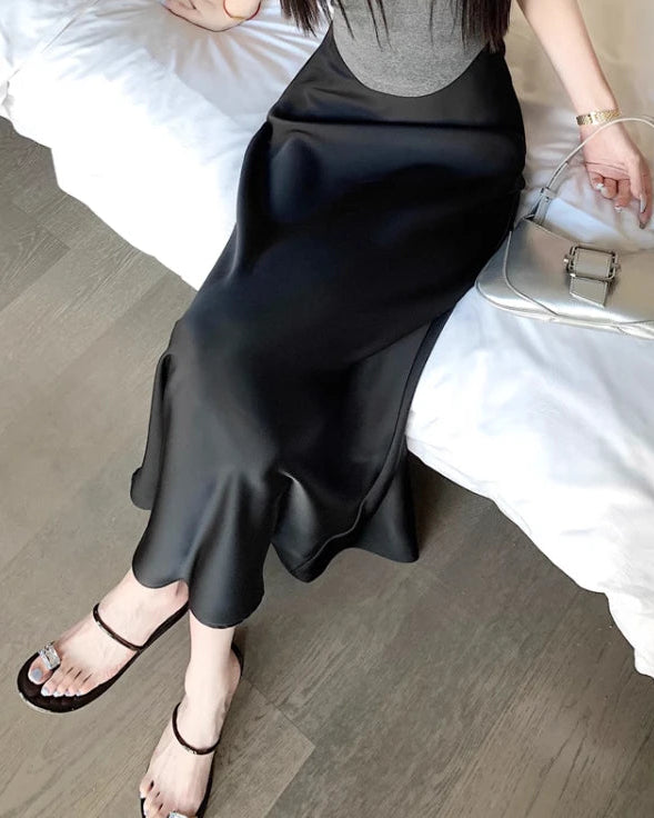 Satin High-Waist Midi Skirt