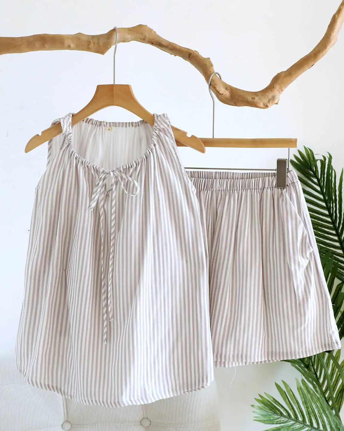 Cotton Gauze Striped Bow Tank Pajama Set