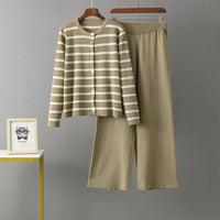 O Neck Buttons Stripe Knit Loose Sweater Sets