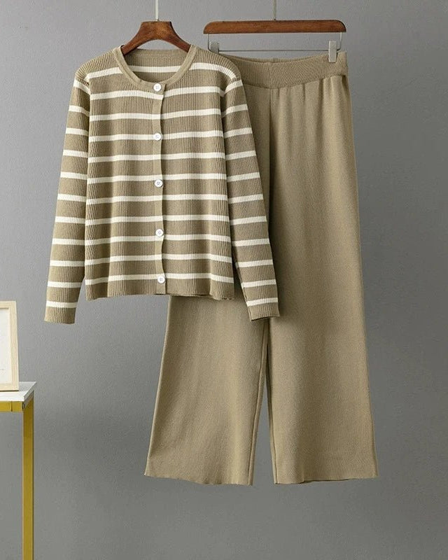 O Neck Buttons Stripe Knit Loose Sweater Sets