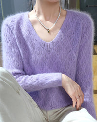 Openwork Mink Cashmere V-Neck Sweater