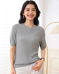 Women's pure cotton short-sleeve knit top featuring a classic crew neck and regular fit, designed for softness and breathability during spring and summer.