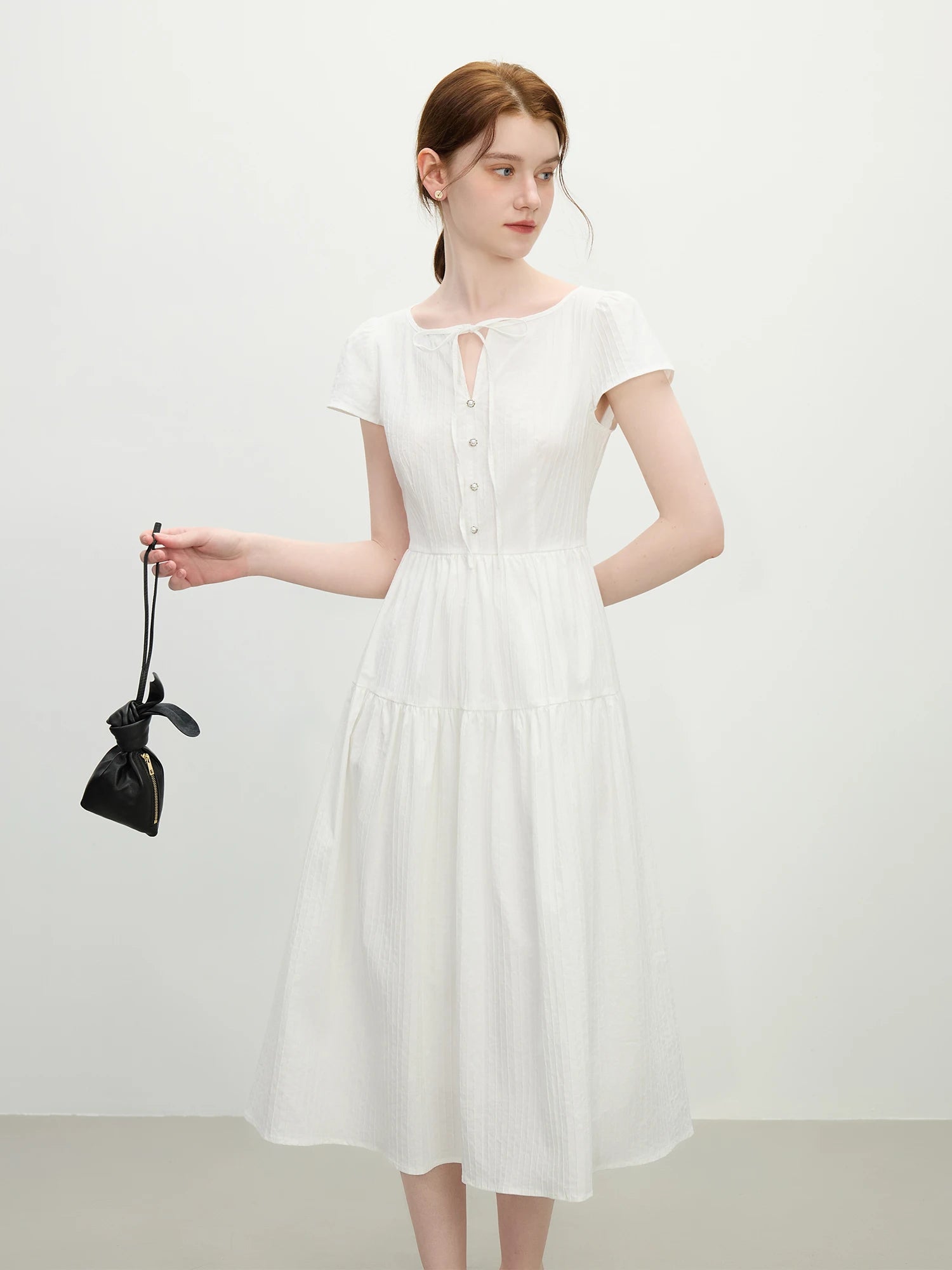 High Waist Round Neck Tie-Waist Cap Sleeve Dress