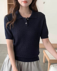Polo Collar Button-Down Knit Top