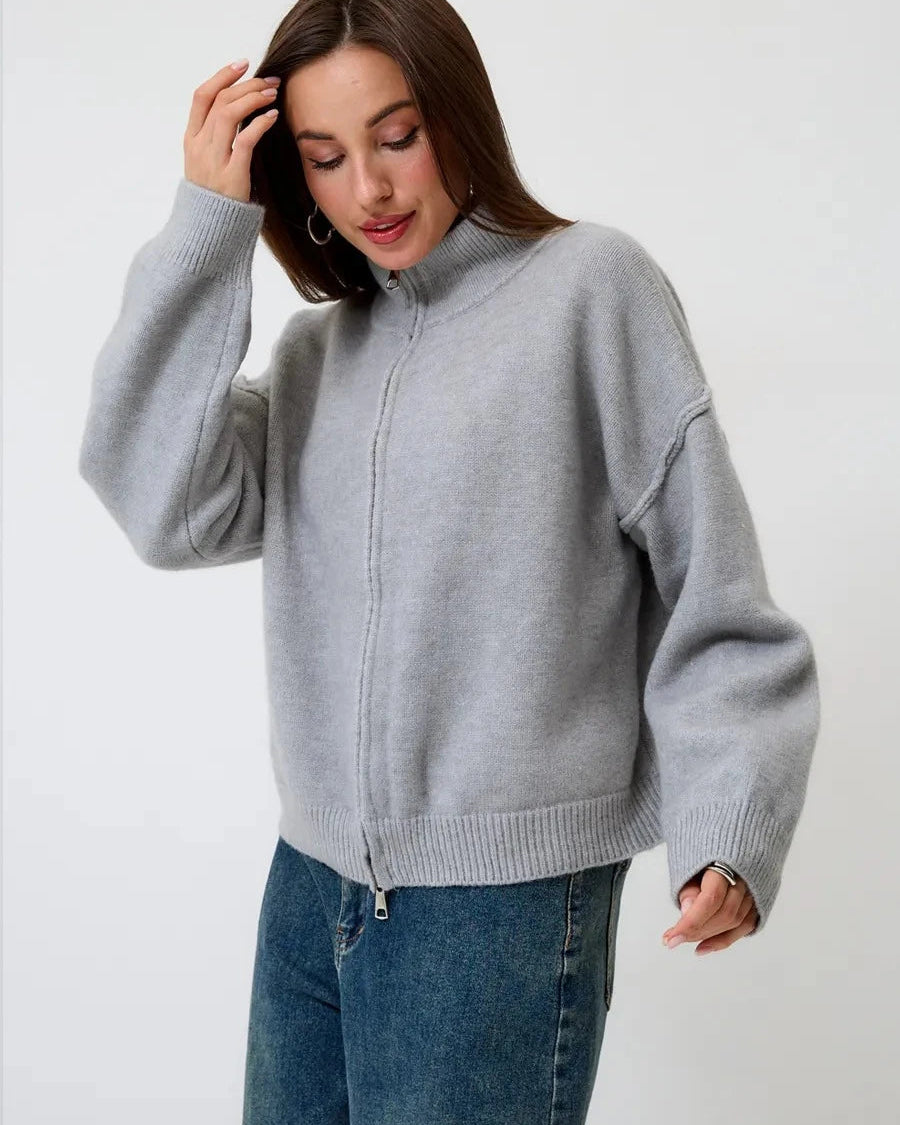 Oversized Knit Zip Cardigan Stand Collar