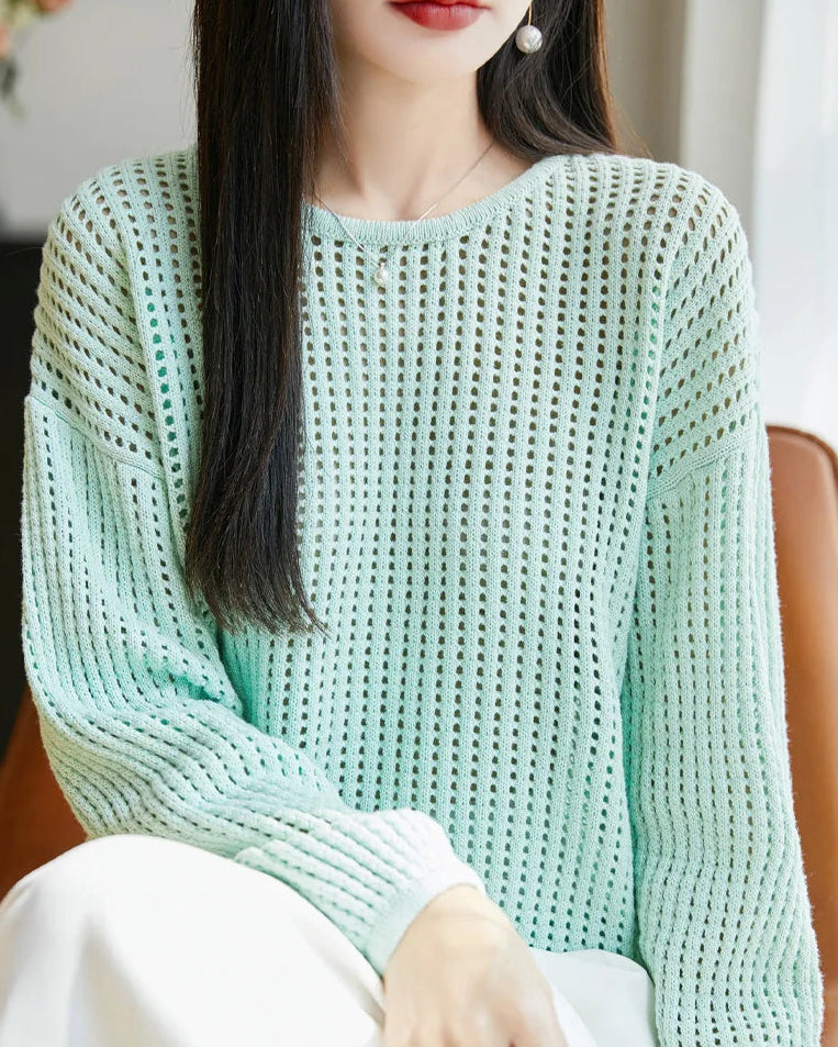 Pure Cotton Openwork Long-Sleeve T-Shirt