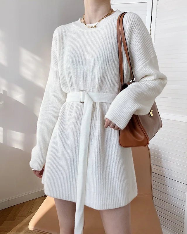 Vintage Round-neck Belted Knitted Dress