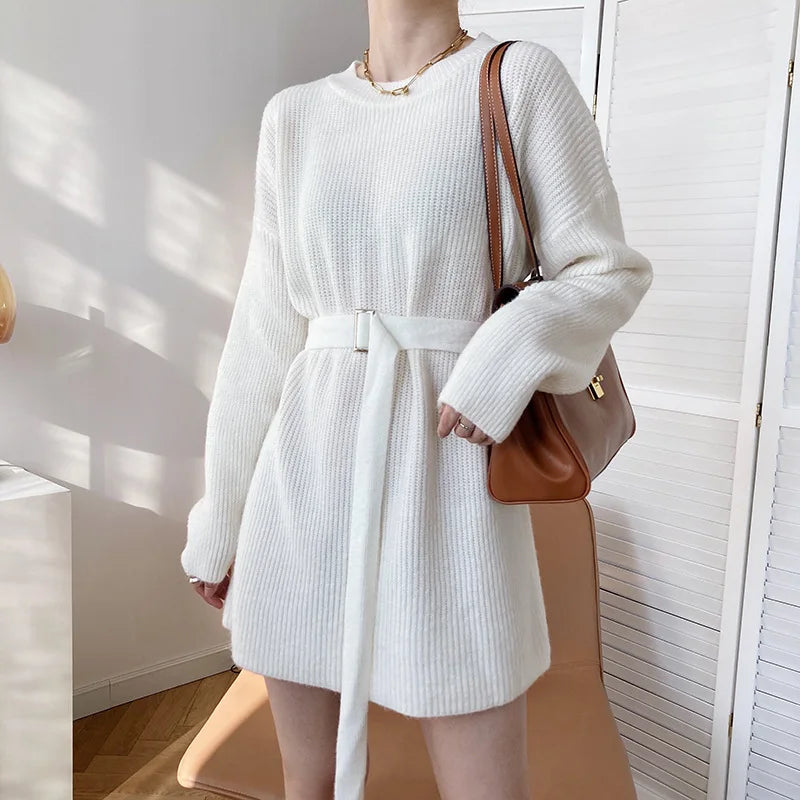 Vintage Round-neck Belted Knitted Dress