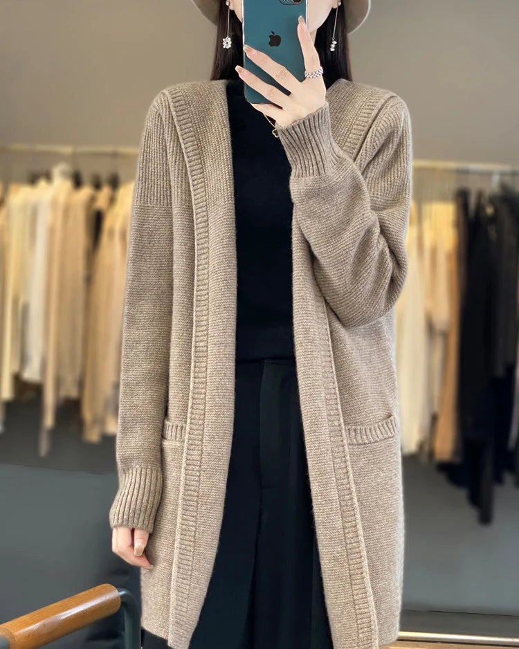 100% Merino Wool Hooded Loose Mid-Long Open Cardigan Coat