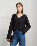 Long-Sleeved V-Neck Loose-Fitting Pullover T-Shirt