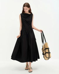 Asymmetric Neckline Woven Cotton Midi Dress