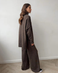 Turtleneck Slit Knit Top & Ankle Trouser Set