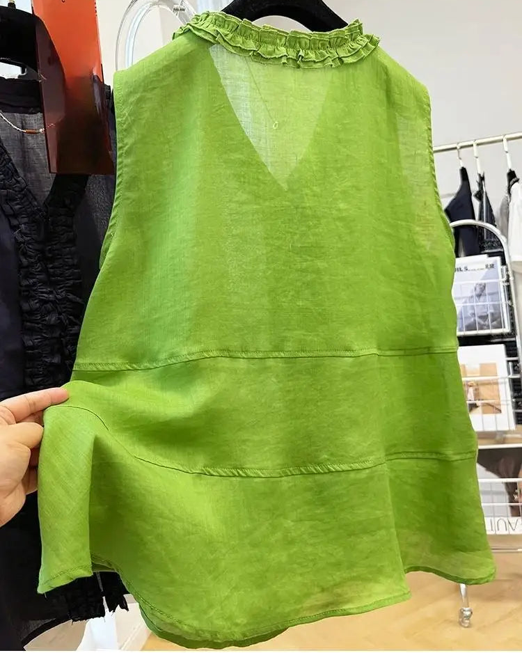 Ruffle Trim V-Neck Woven Blouse