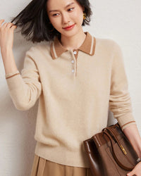 Cashmere Wool Blend Contrast Colour Polo Collar Pullover Sweater