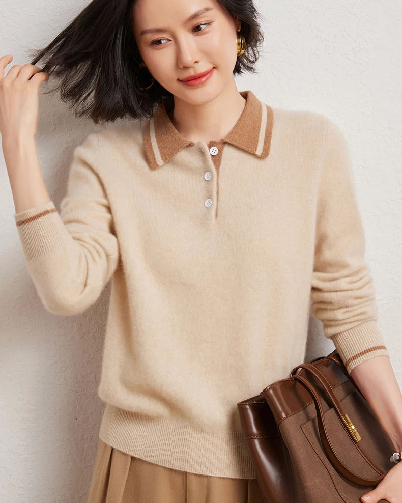 Cashmere Wool Blend Contrast Colour Polo Collar Pullover Sweater