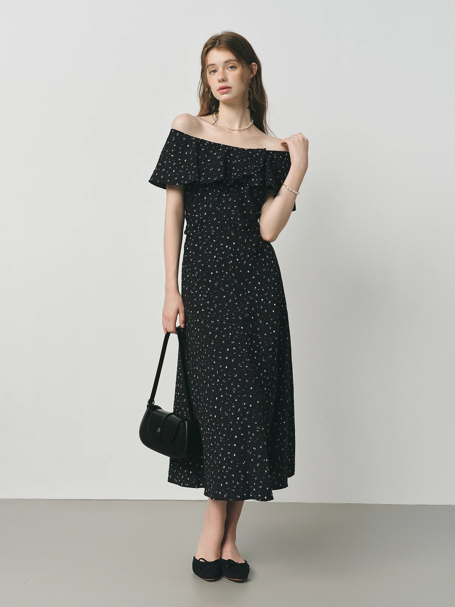 Charmeuse Ruffled  Off Shoulder Skirt Dress