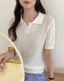Polo Collar Button-Down Knit Top