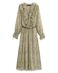 Chiffon Printed V-Neck Fashionable Long Dress