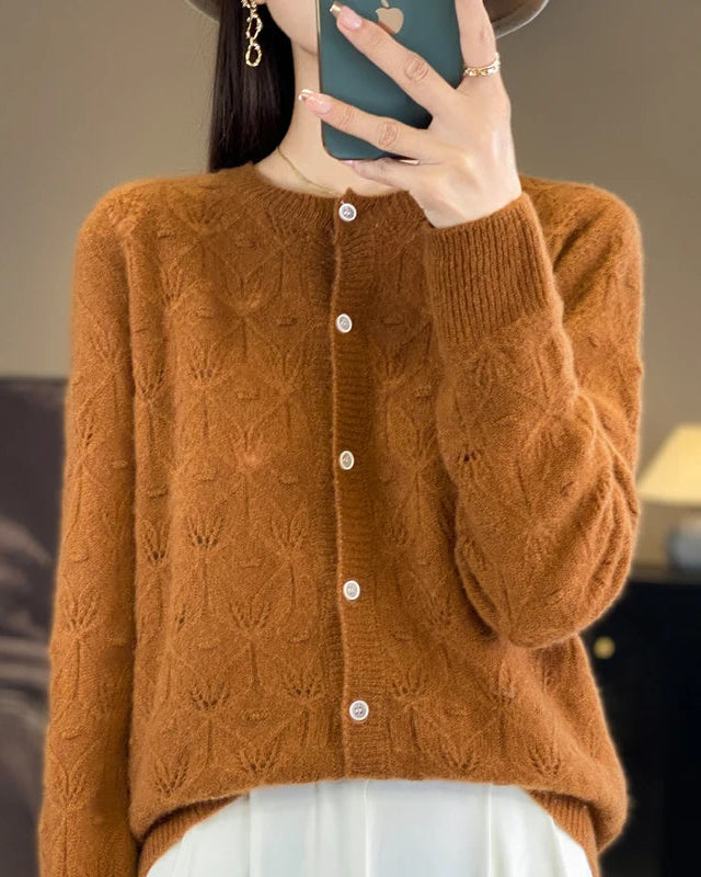 Merino Wool Round Neck Hollow Leaf Knit Cardigan Sweater