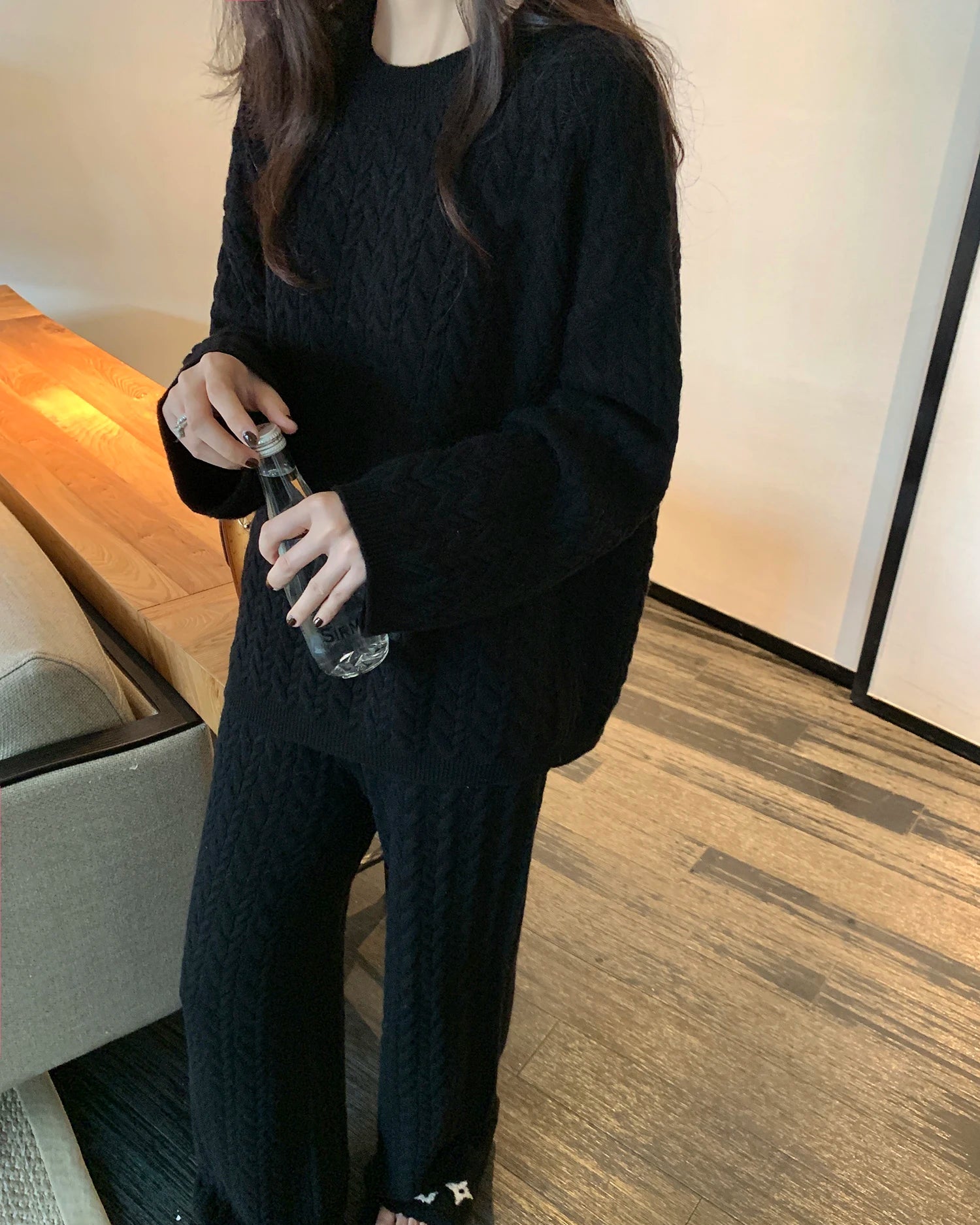 Cable Knit Pullover & High Waist Wide Leg Trousers Two-Piece Set