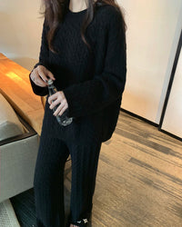Cable Knit Pullover & High Waist Wide Leg Trousers Two-Piece Set