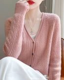Wool V-Neck Curled Twisted Hollow-Out Open Cardigan