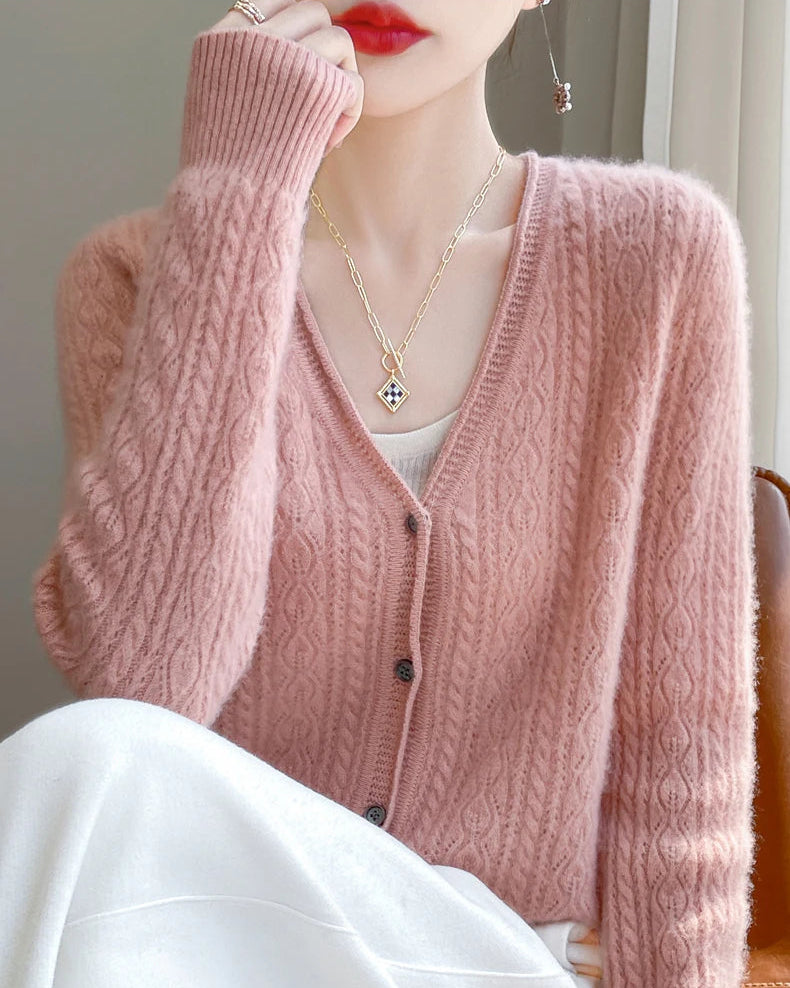 Wool V-Neck Curled Twisted Hollow-Out Open Cardigan
