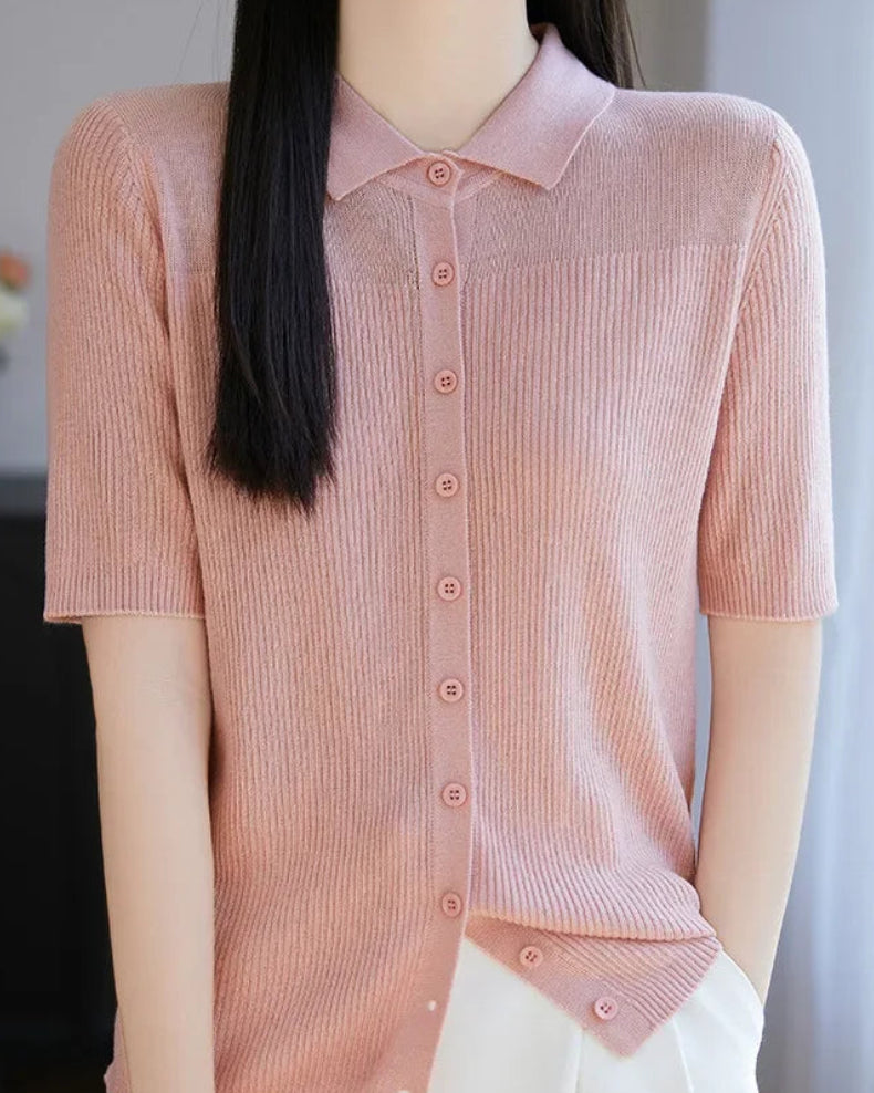 Relaxed Knit Turn-Down Collar Top