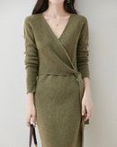 V-Neck Lace-Up Merino Wool Knit Dress