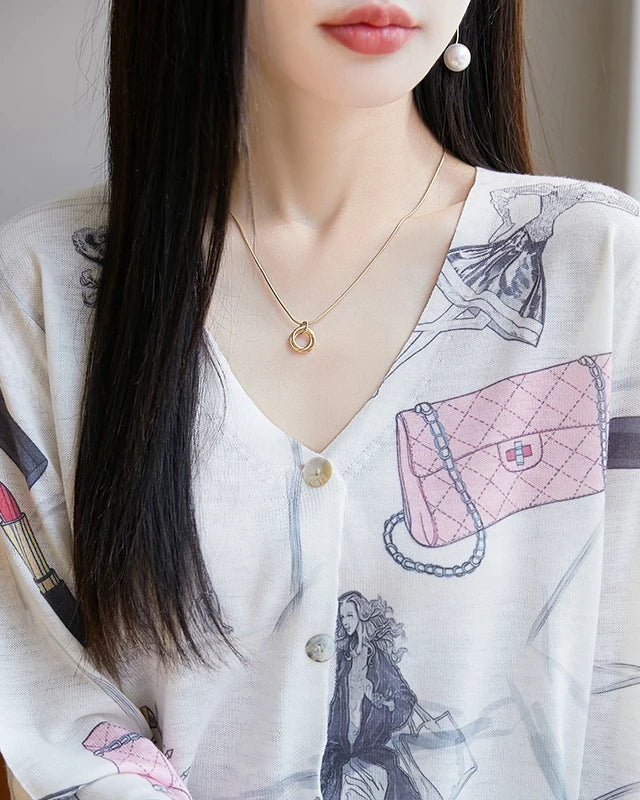Lyocell Printed V Neck Cardigan