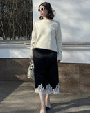 Satin And Lace-Paneled A-Line Midi Skirt