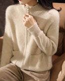 Merino Wool Mock Neck Zip Cardigan