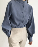 Lantern Sleeve Stand Collar Shirt