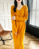 Wool V-Neck Long Sweater Dress