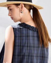 V-Neck Lace Plaid Sleeveless Pullover Top