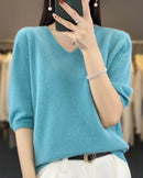 Merino Wool V-Neck Short-Sleeve Sweater