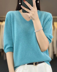 Merino Wool V-Neck Short-Sleeve Sweater