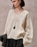 Fashionable Linen U-Neck Long-Sleeved Shirt
