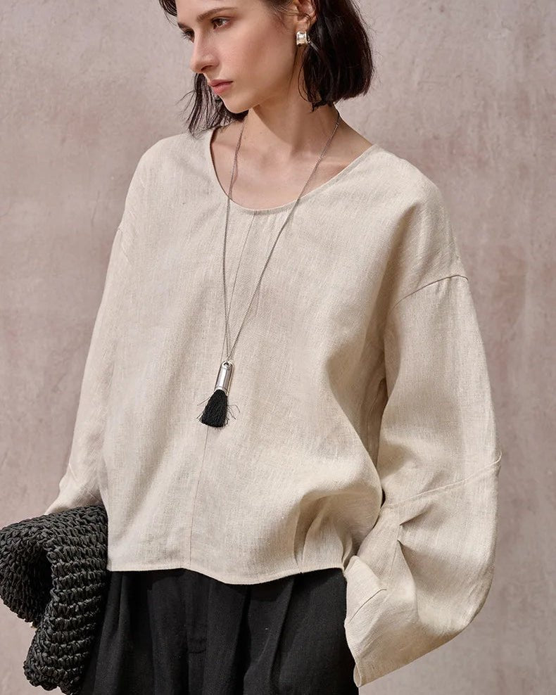 Fashionable Linen U-Neck Long-Sleeved Shirt